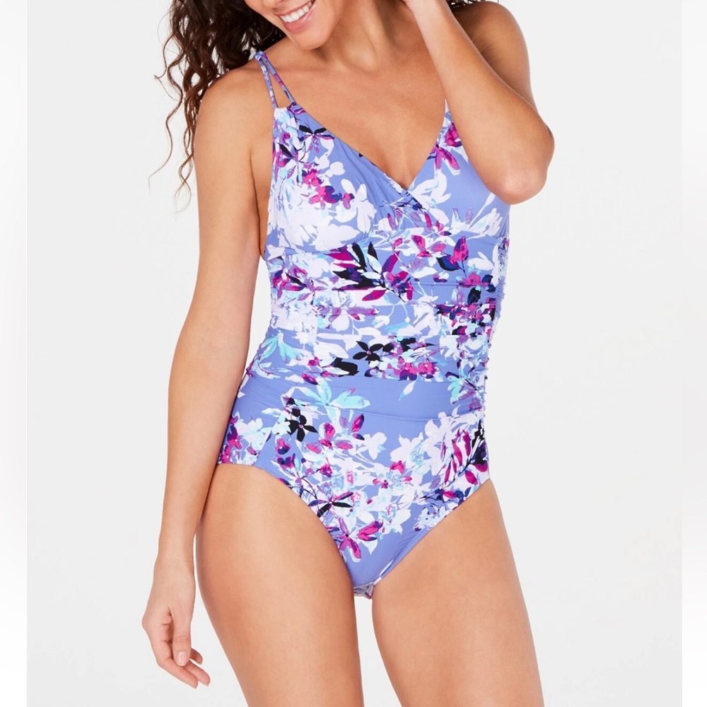 Calvin Klein One-Piece Swimsuit Size 10 Floral Blue White Adjustable Strap Drape